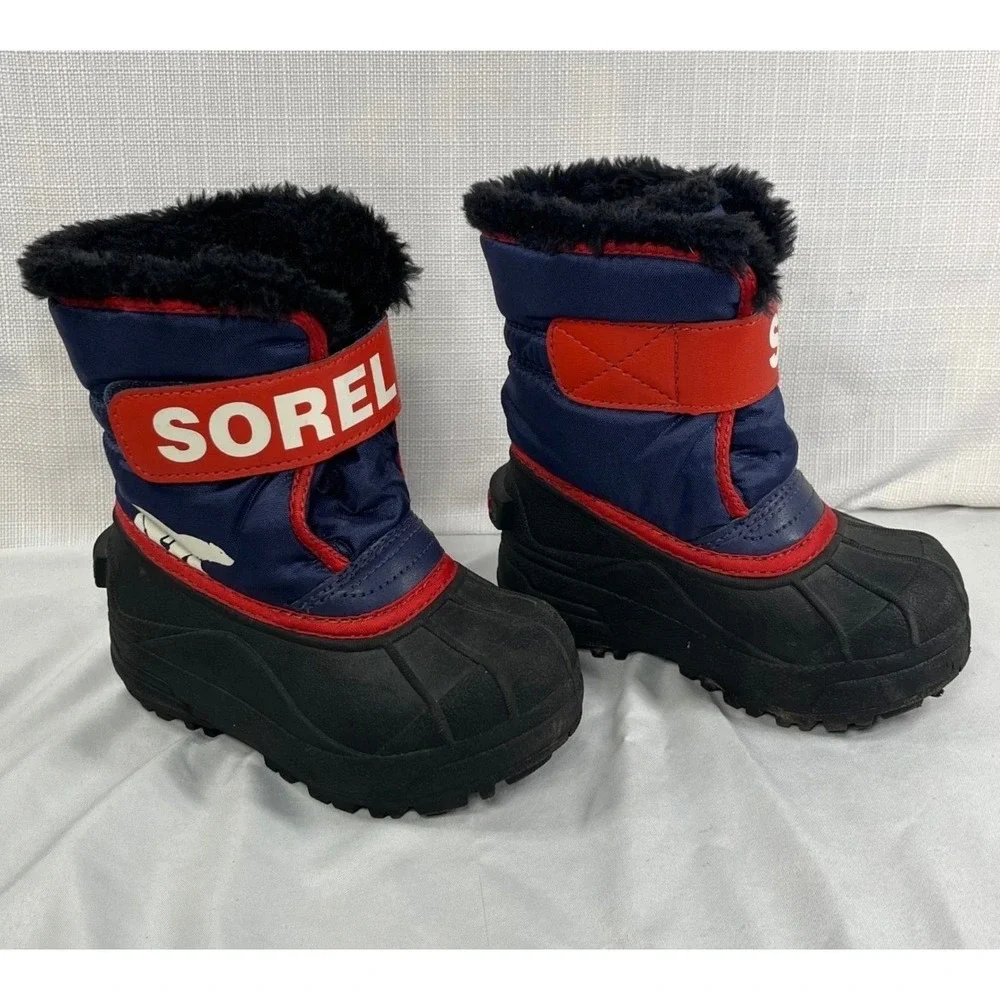 Sorel Kids Snow Commander Boots Navy Blue Red Black NC1960-591 Size 8 Toddler